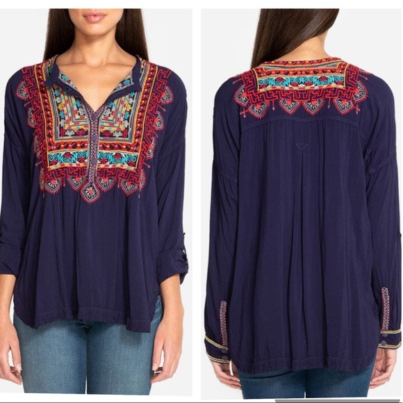 Johnny Was Tops - Johnny Was Biya Sucia Challis Blouse Embroidered Long Sleeve Tunic Large